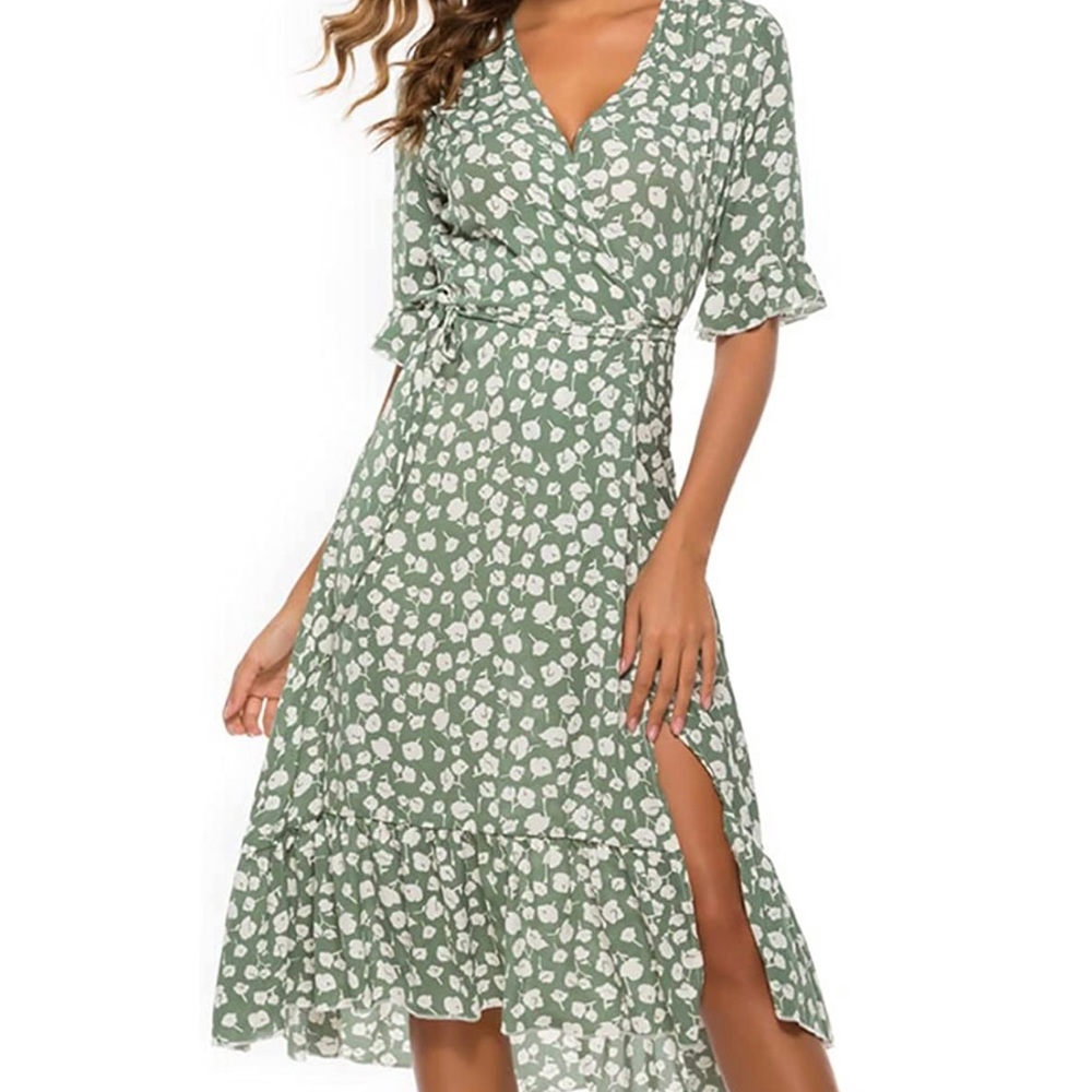 Short sleeve V-neck wrap skirt dress A line flowy